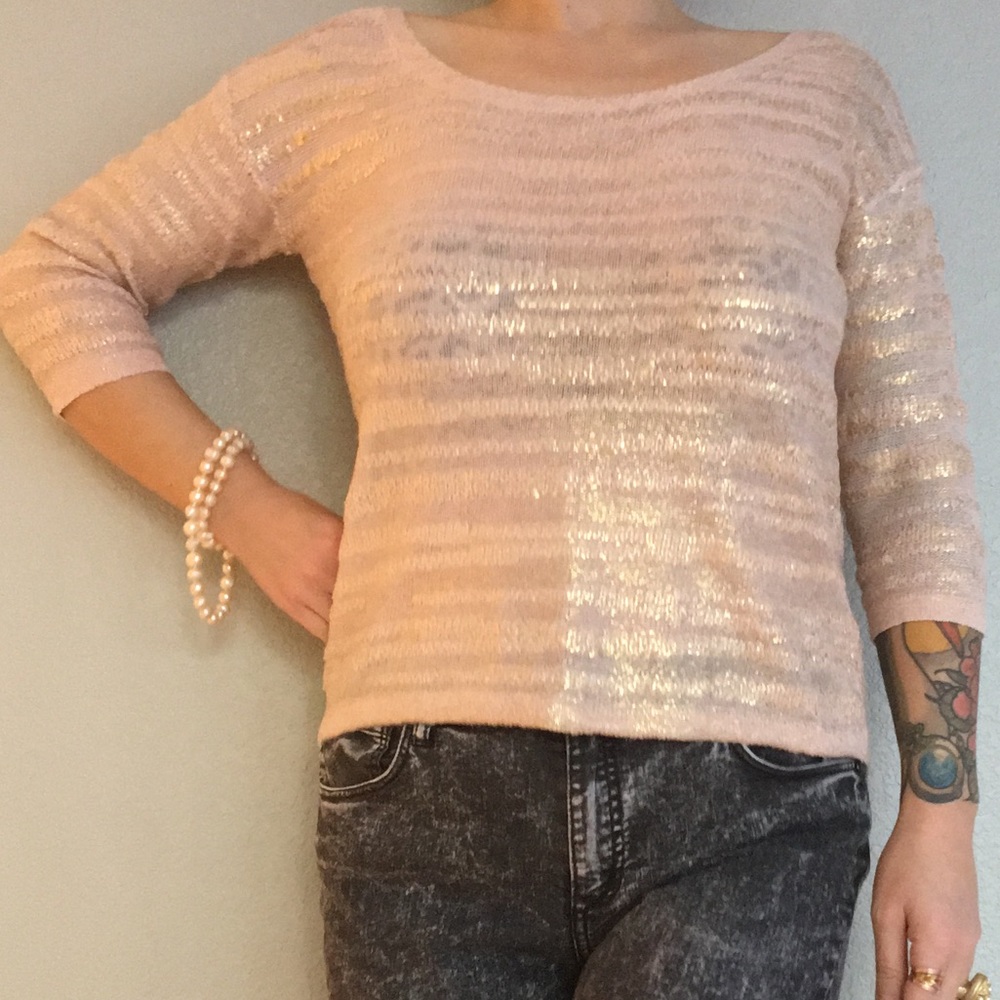 Women’s Blush Pink Sequin 3/4 Sleeve Sweater